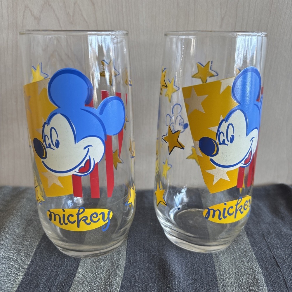 Vtg 2 Drinking Glasses Disney Mickey Mouse Anchor Hocking Stars Stripes 6"x3‎